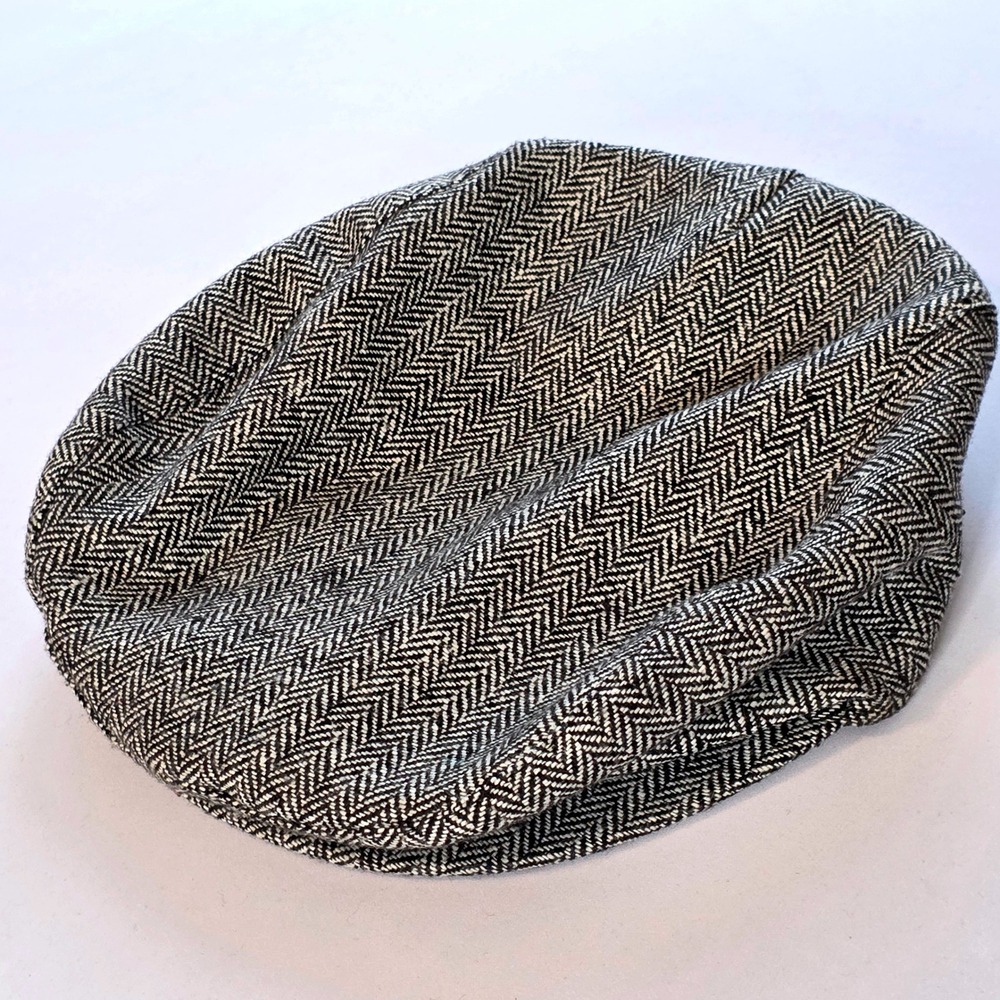 Mens Herringbone Flat Cap Hat Driving L XL Wool Blnd Vtg Preppy Heritage Harris